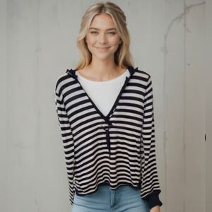 Guess Women's Navy and White Nautical Striped Hood Sweater Top